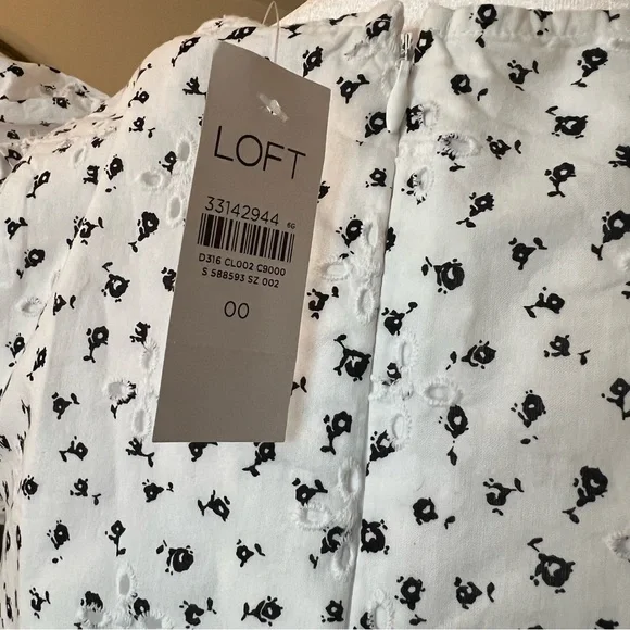 Loft White Eyelet 100% Cotton Ruffle Sleeve Dress White and Black - Picture 4 of 5